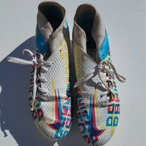 Nike White and Blue Sneakers with High-Top Design and Breathable Material
